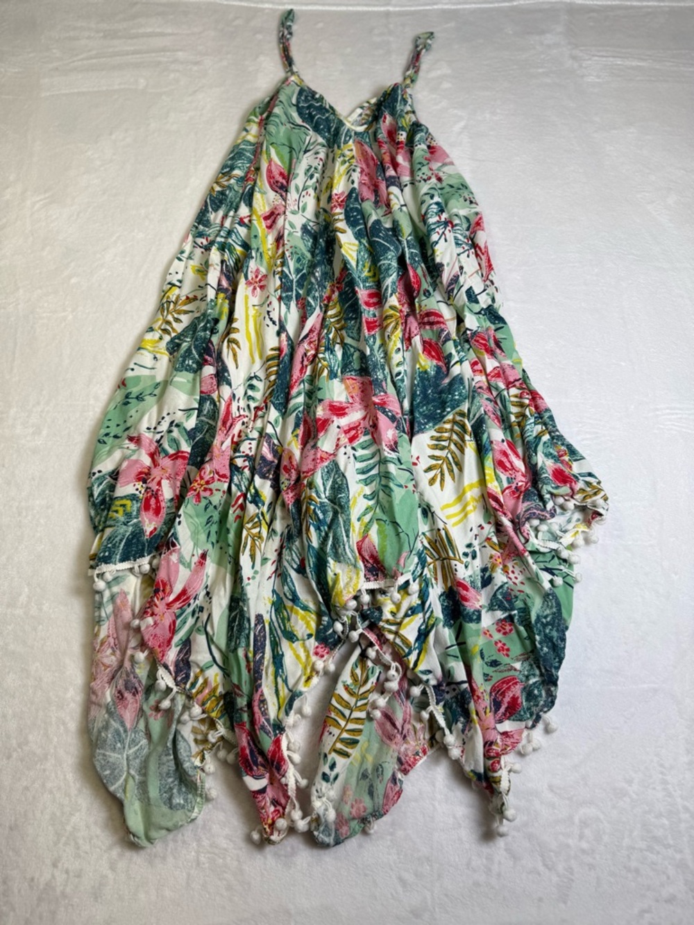 Japna Goa Tropical Asymmetric Maxi Dress in Green, Pink & Cream with Pom poms - Picture 4 of 4